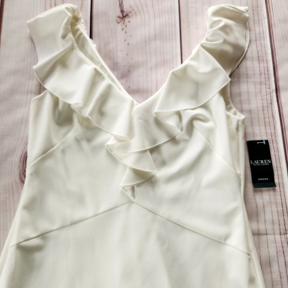 NWT Lauren Ralph Lauren Ruffle V-neck Sheath Dress Cream White | Women's Size 12 - Picture 2 of 11